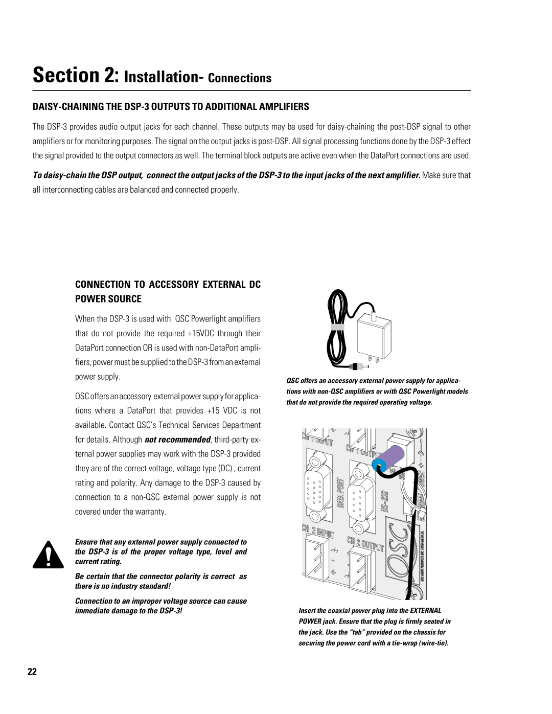 QSC Audio manual DAISY-CHAINING the DSP-3 Outputs to Additional Amplifiers, Power Source 