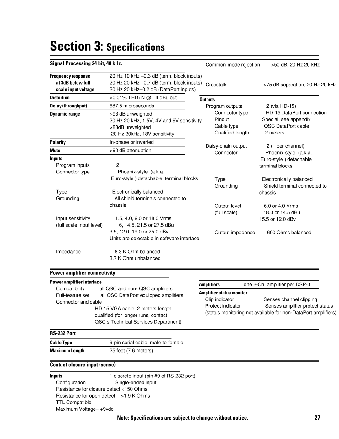QSC Audio DSP-3 manual Specifications, Signal Processing 24 bit, 48 kHz, Power amplifier connectivity, RS-232 Port 