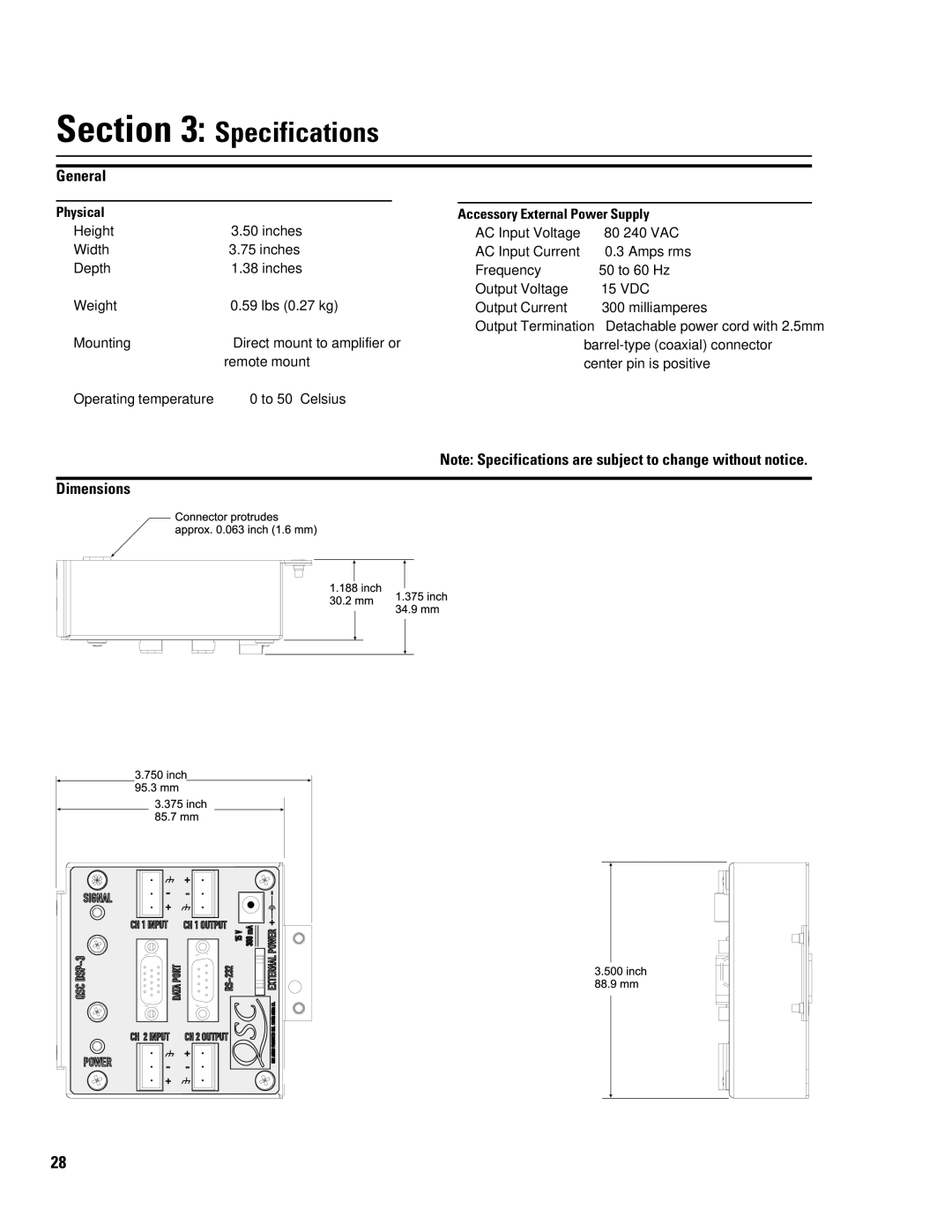 QSC Audio DSP-3 manual General, Dimensions 