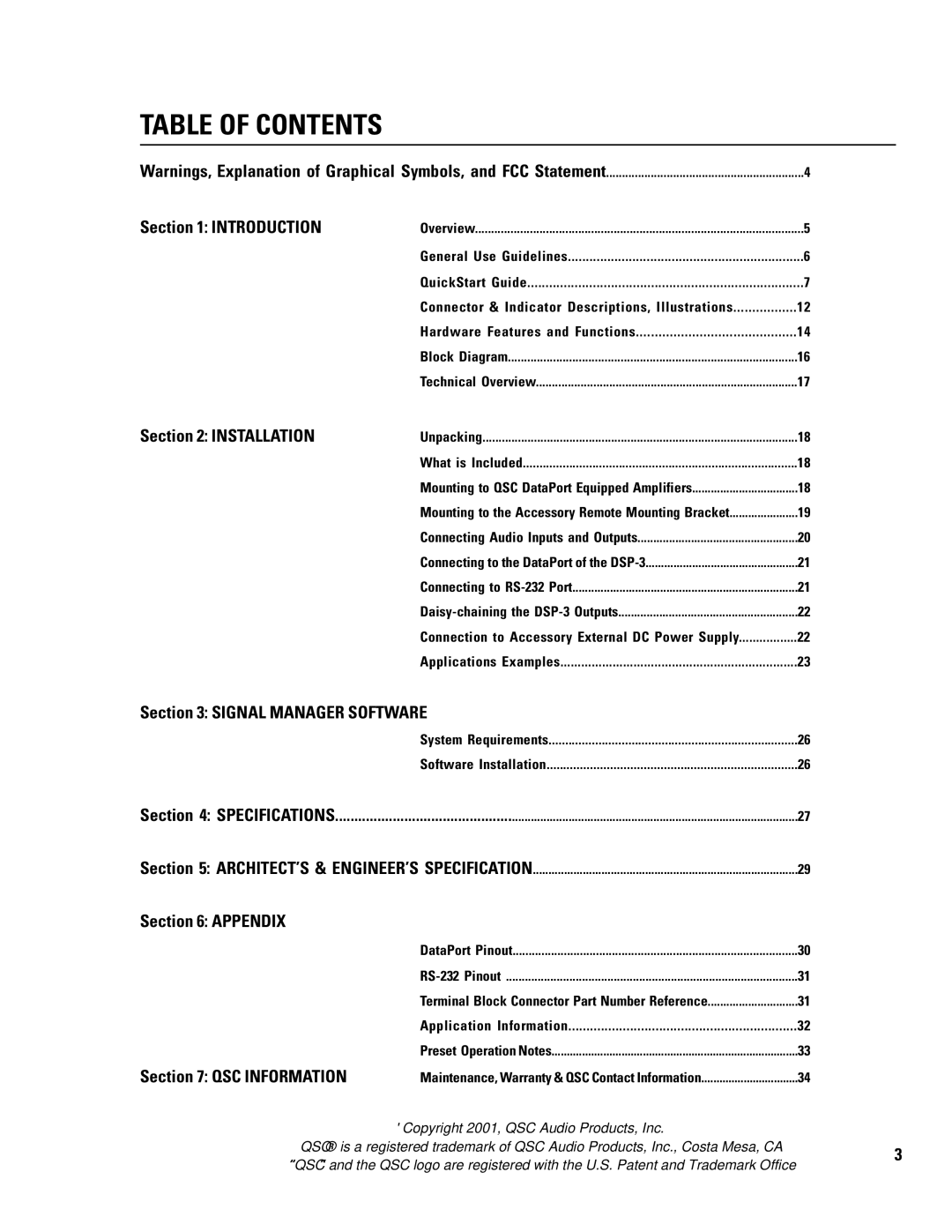 QSC Audio DSP-3 manual Table of Contents 