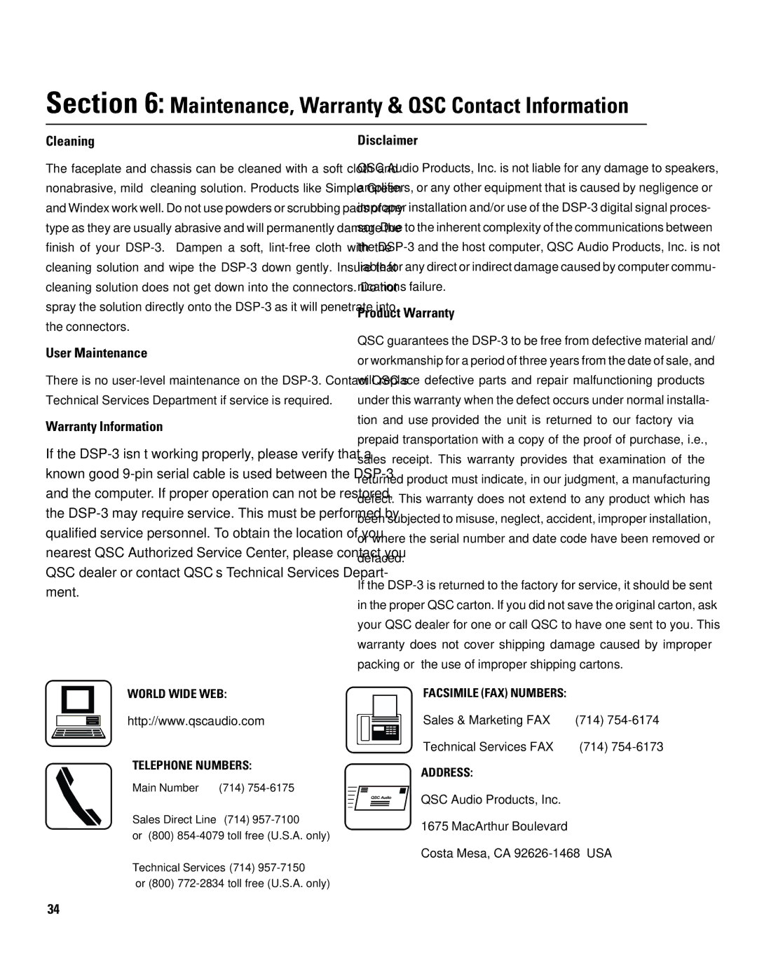 QSC Audio DSP-3 manual Maintenance, Warranty & QSC Contact Information, Cleaning 