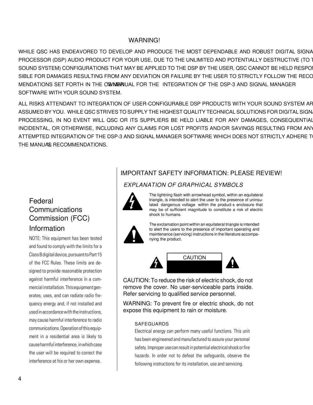 QSC Audio DSP-3 manual Federal Communications Commission FCC Information 