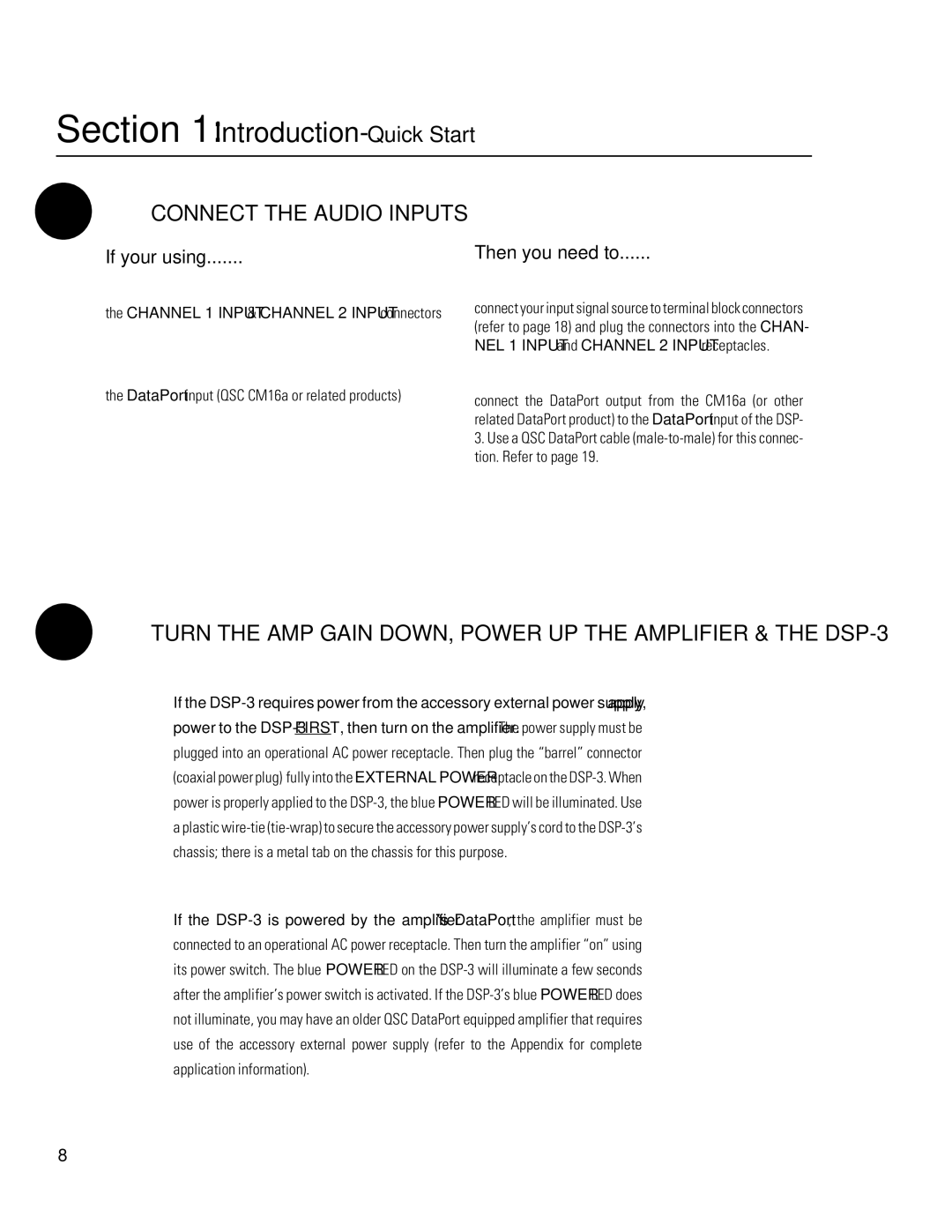 QSC Audio manual Connect the Audio Inputs, Turn the AMP Gain DOWN, Power UP the Amplifier & the DSP-3 