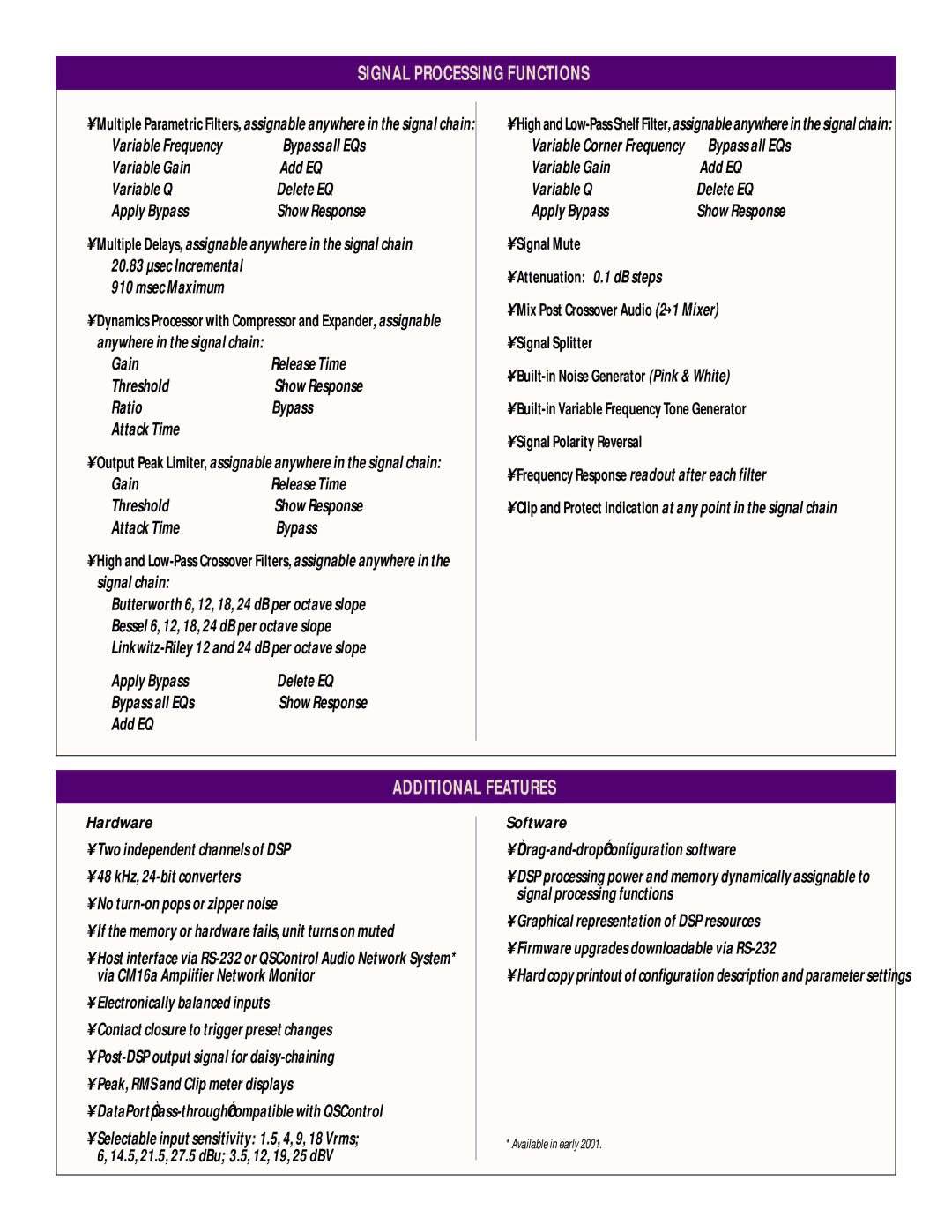 QSC Audio DSP-3 manual Signal Processing Functions, Additional Features, Hardware, Software 