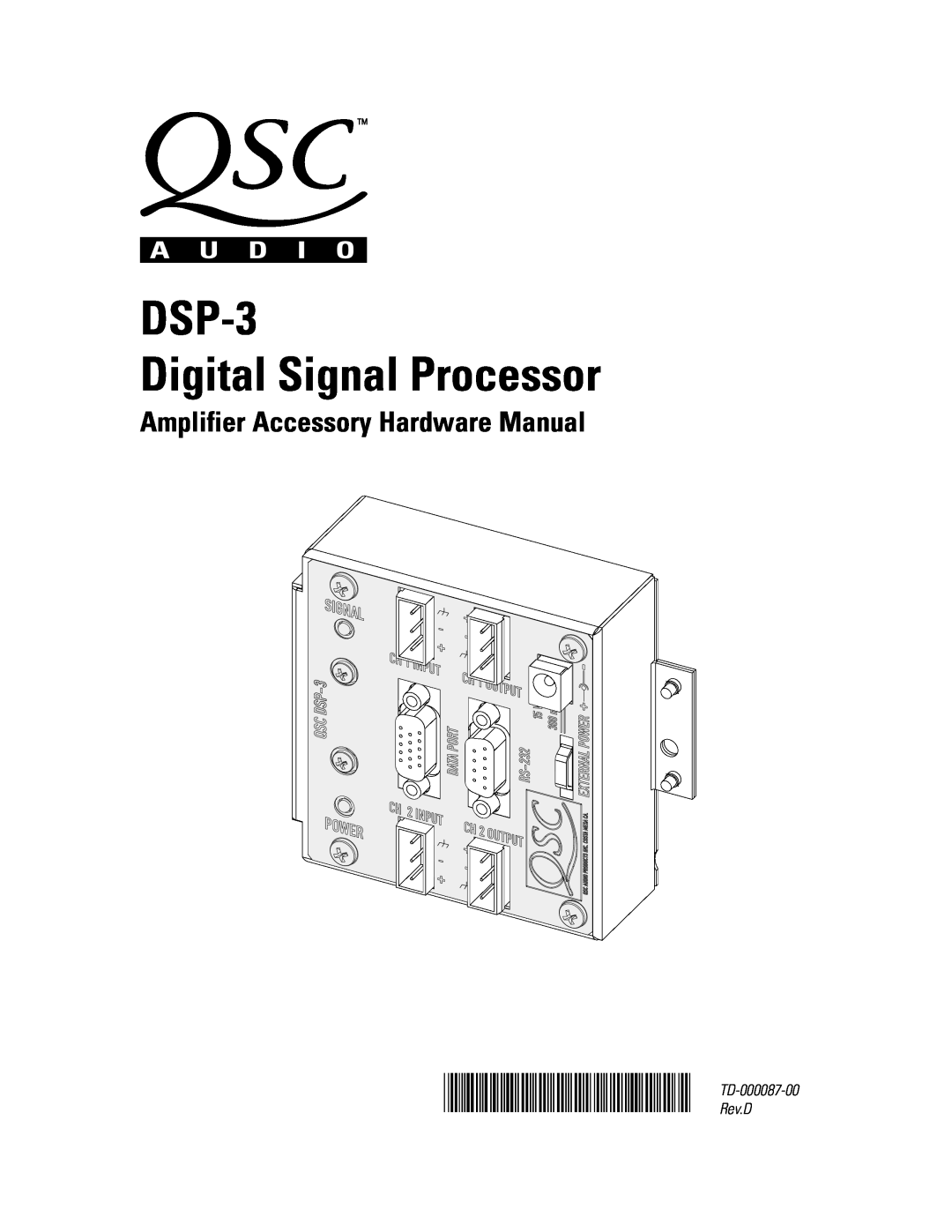 QSC Audio manual Amplifier Accessory Hardware Manual, DSP-3 Digital Signal Processor, TD-000087-00* TD-000087-00, Rev.D 