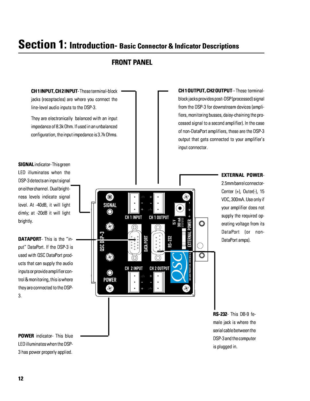 QSC Audio DSP-3 manual Introduction- Basic Connector & Indicator Descriptions, Front Panel 