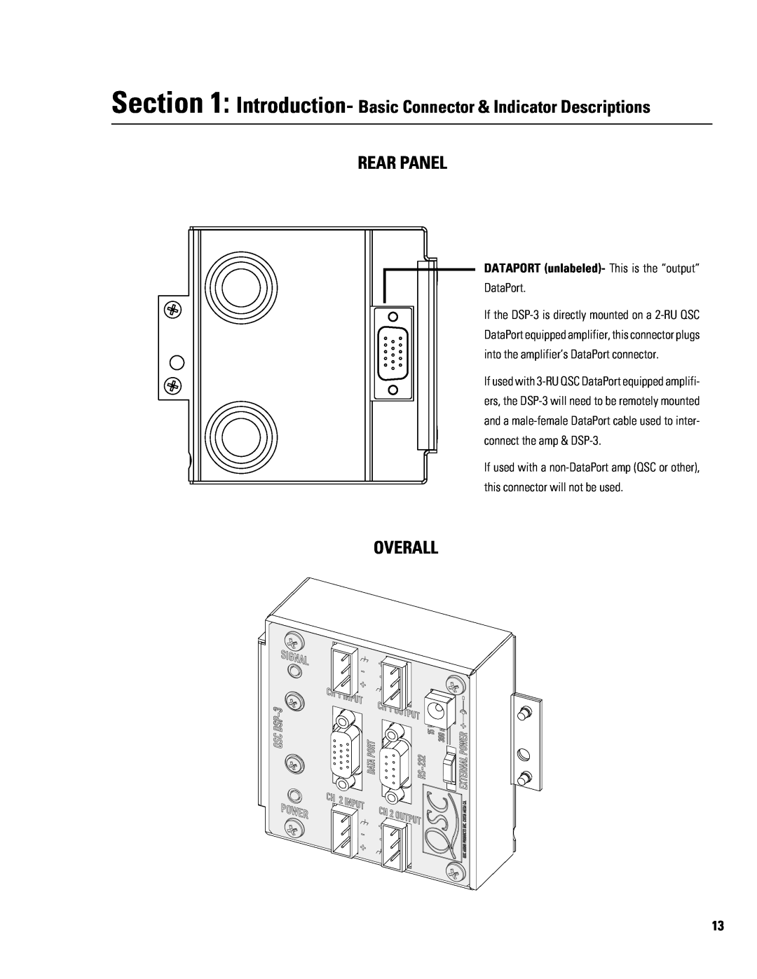 QSC Audio DSP-3 manual Rear Panel, Overall, Introduction- Basic Connector & Indicator Descriptions 
