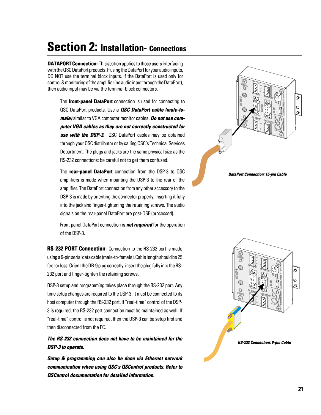 QSC Audio DSP-3 manual Installation- Connections, The front-panel DataPort connection is used for connecting to 