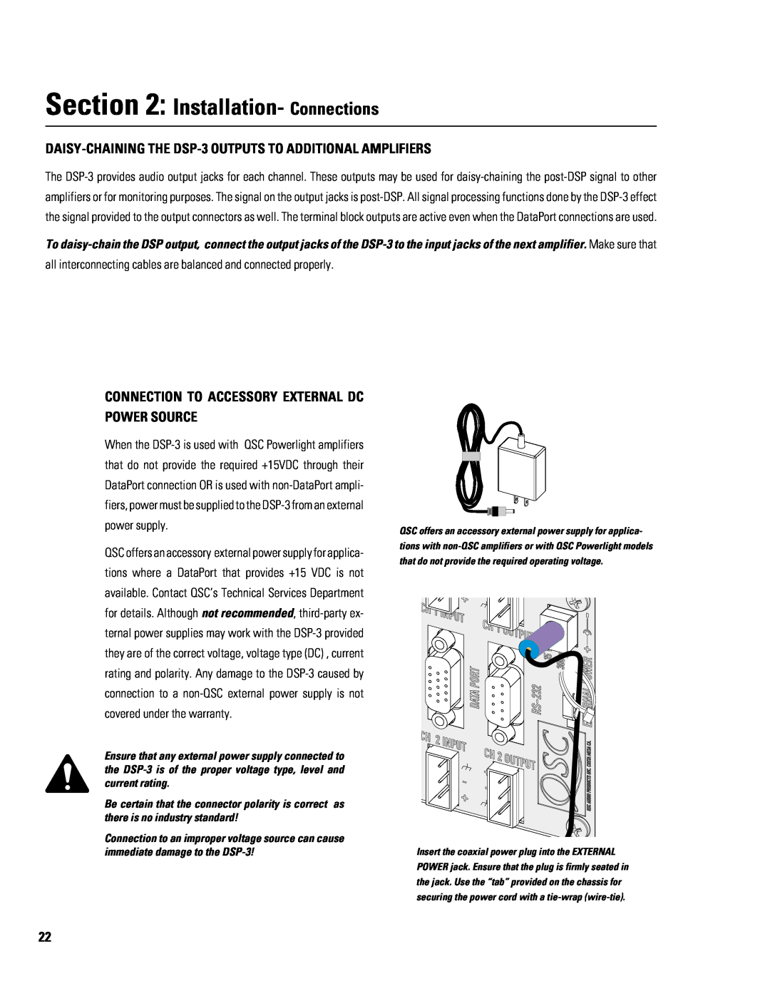 QSC Audio manual Installation- Connections, DAISY-CHAINING THE DSP-3 OUTPUTS TO ADDITIONAL AMPLIFIERS, Power Source 