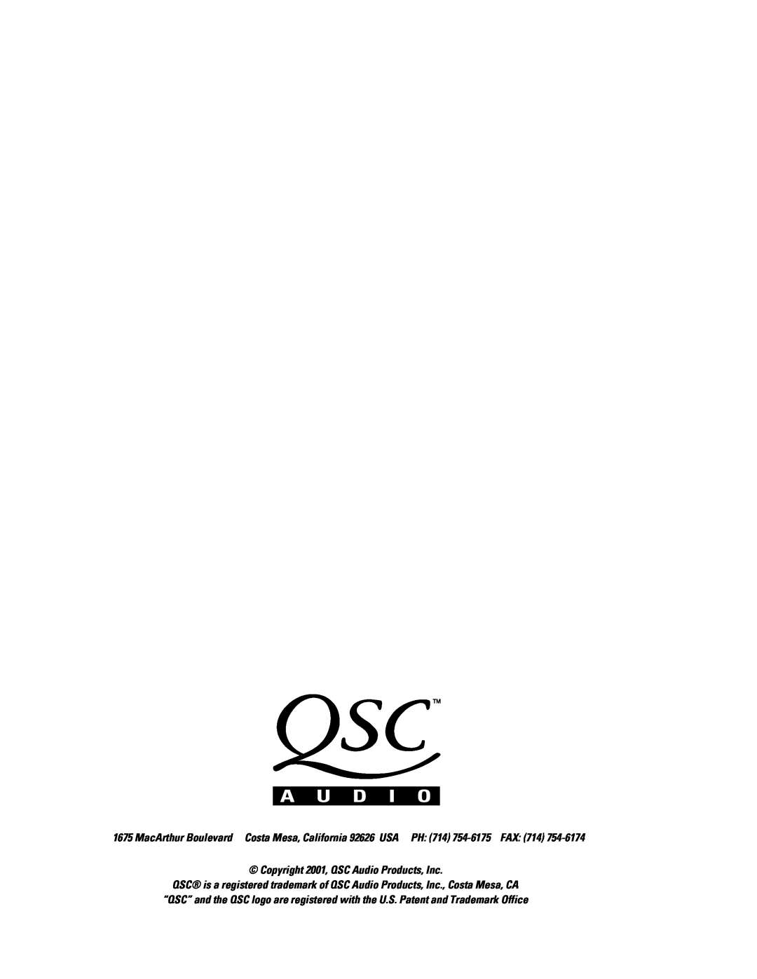 QSC Audio DSP-3 manual Copyright 2001, QSC Audio Products, Inc 