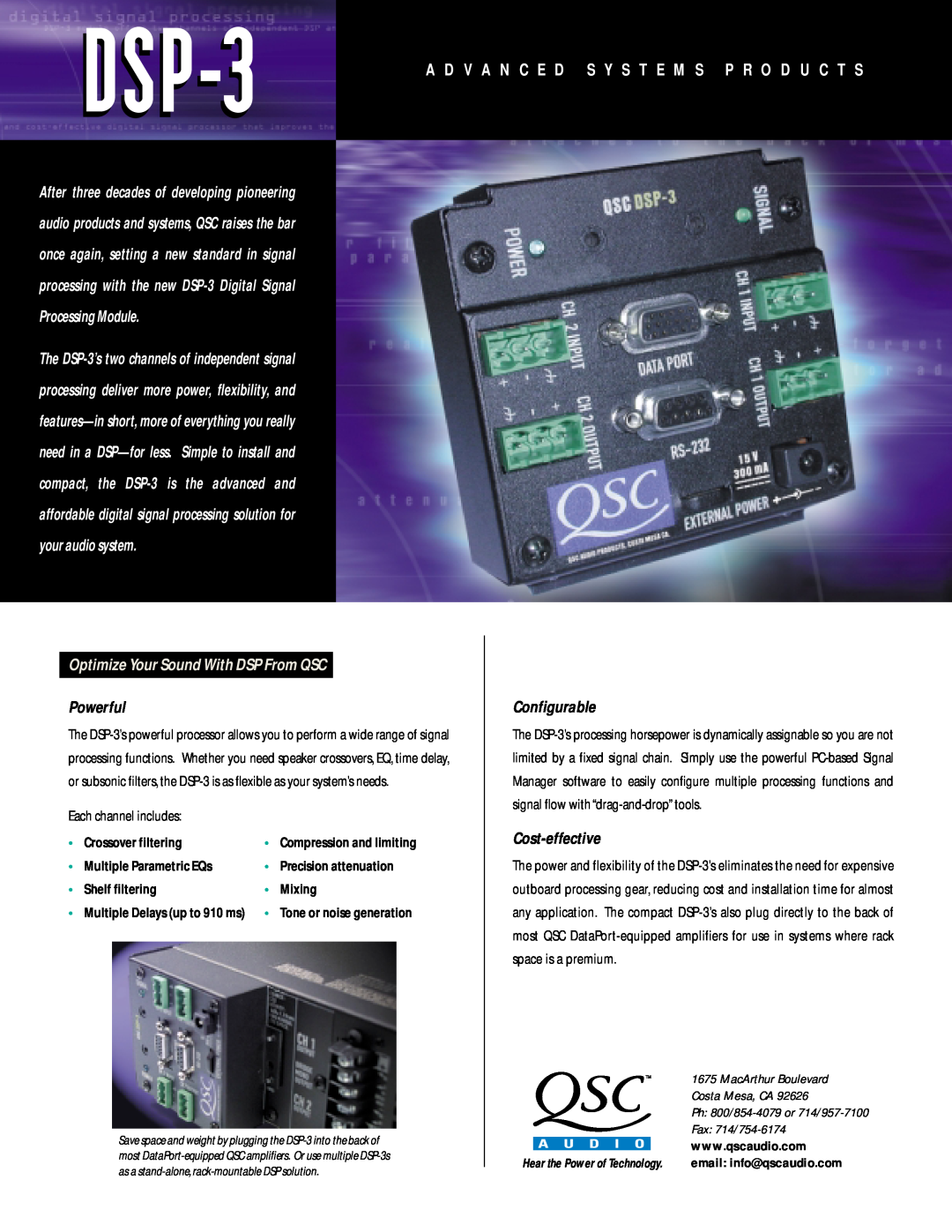 QSC Audio manual Amplifier Accessory Hardware Manual, DSP-3 Digital Signal Processor, TD-000087-00* TD-000087-00, Rev.D 