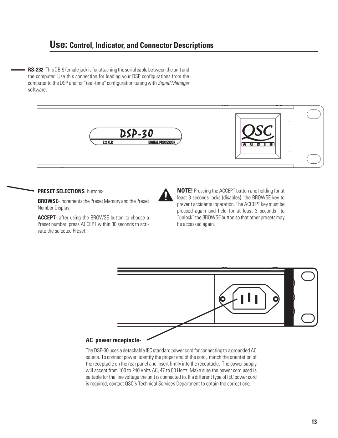 QSC Audio HPR152F, HPR153F, HPR151W, HPR181W, DSP-30 manual AC power receptacle, Preset Selections buttons 