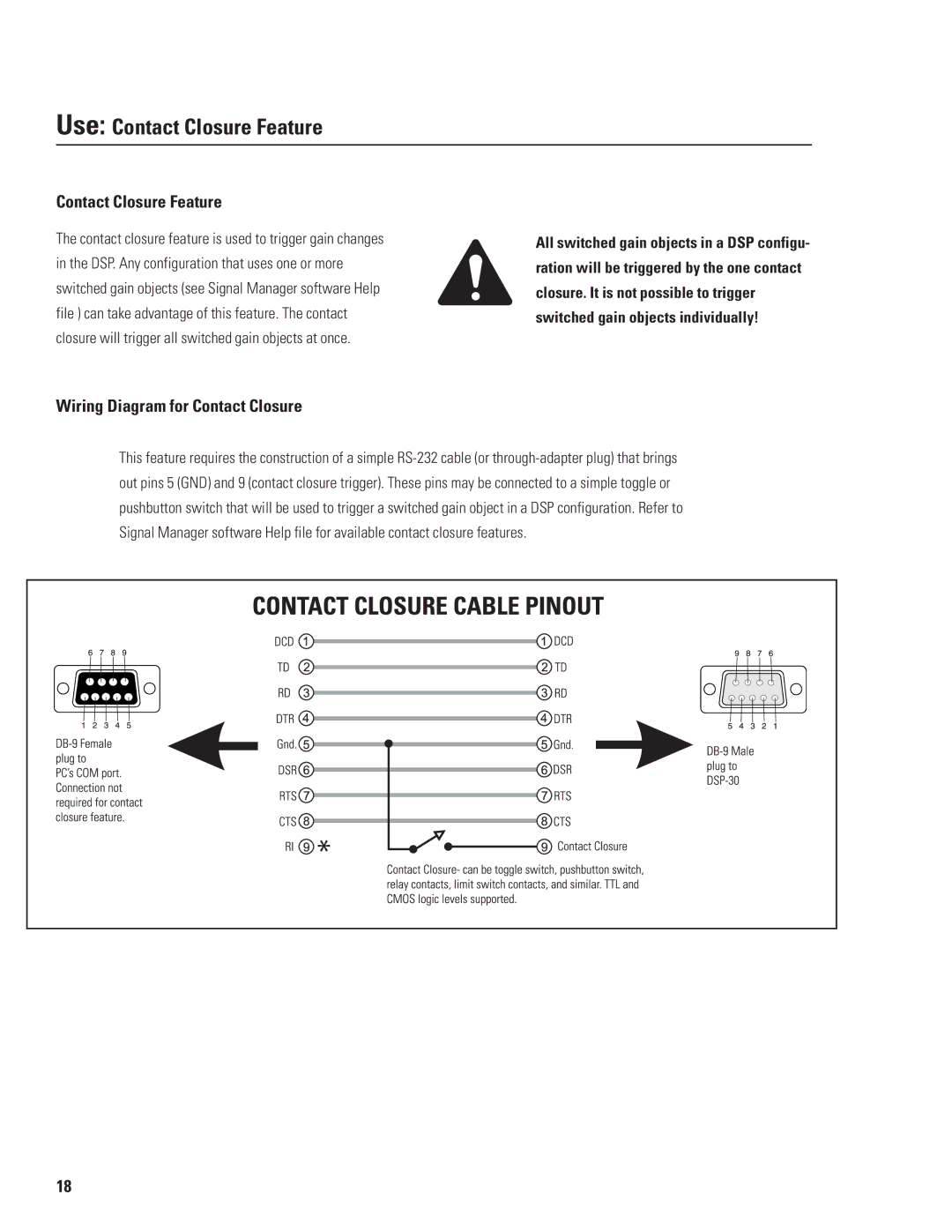 QSC Audio DSP-30, HPR152F, HPR153F, HPR151W, HPR181W manual Use Contact Closure Feature, Wiring Diagram for Contact Closure 