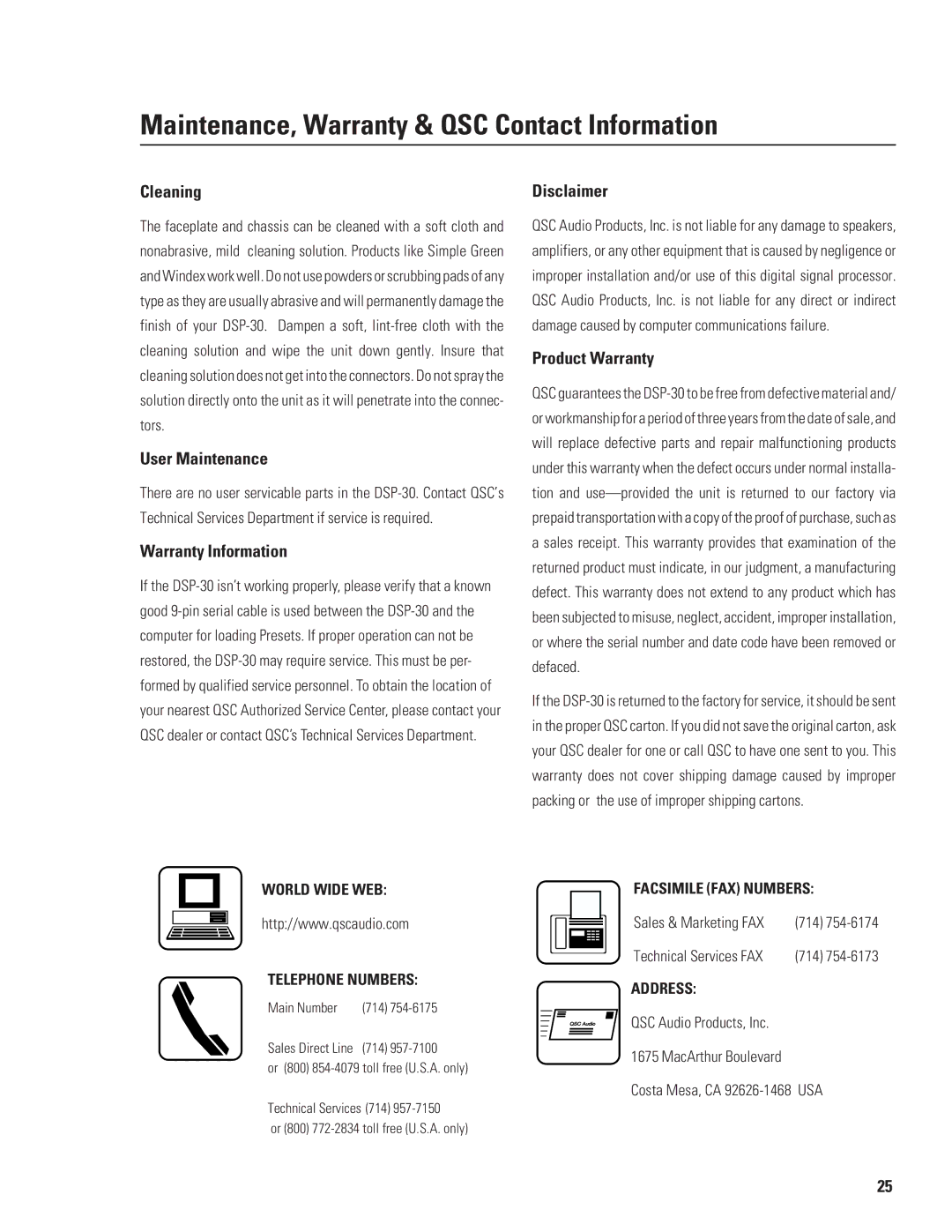 QSC Audio HPR152F, HPR153F, HPR151W, HPR181W, DSP-30 manual Cleaning, User Maintenance, Warranty Information, Disclaimer 