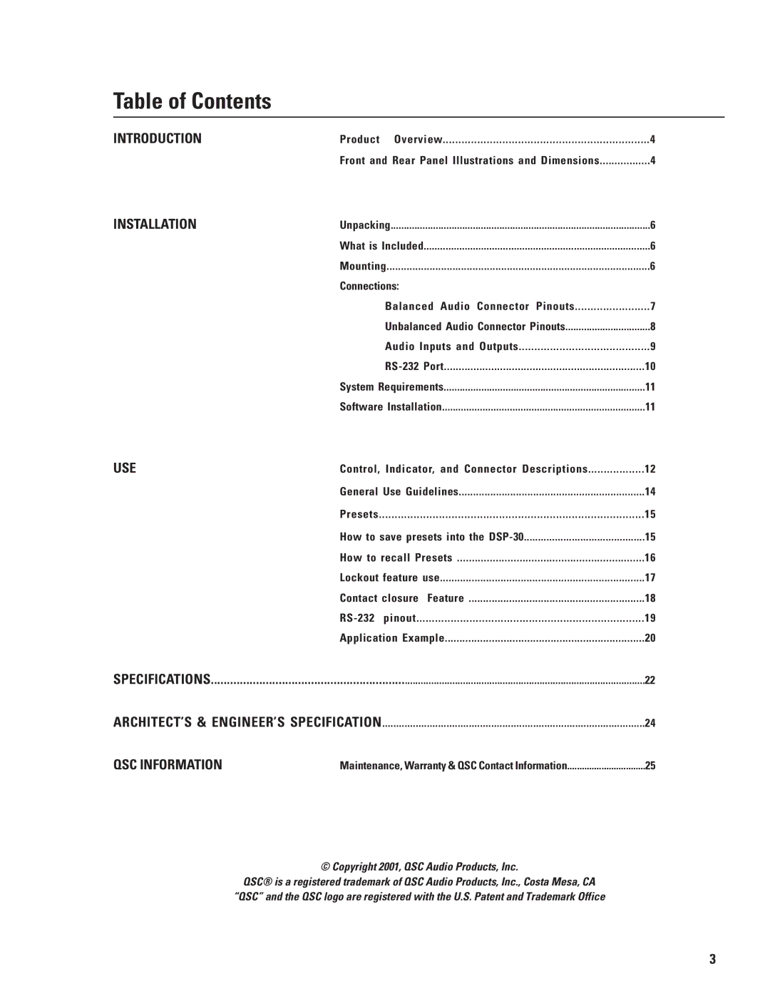 QSC Audio HPR152F, HPR153F, HPR151W, HPR181W, DSP-30 manual Table of Contents 