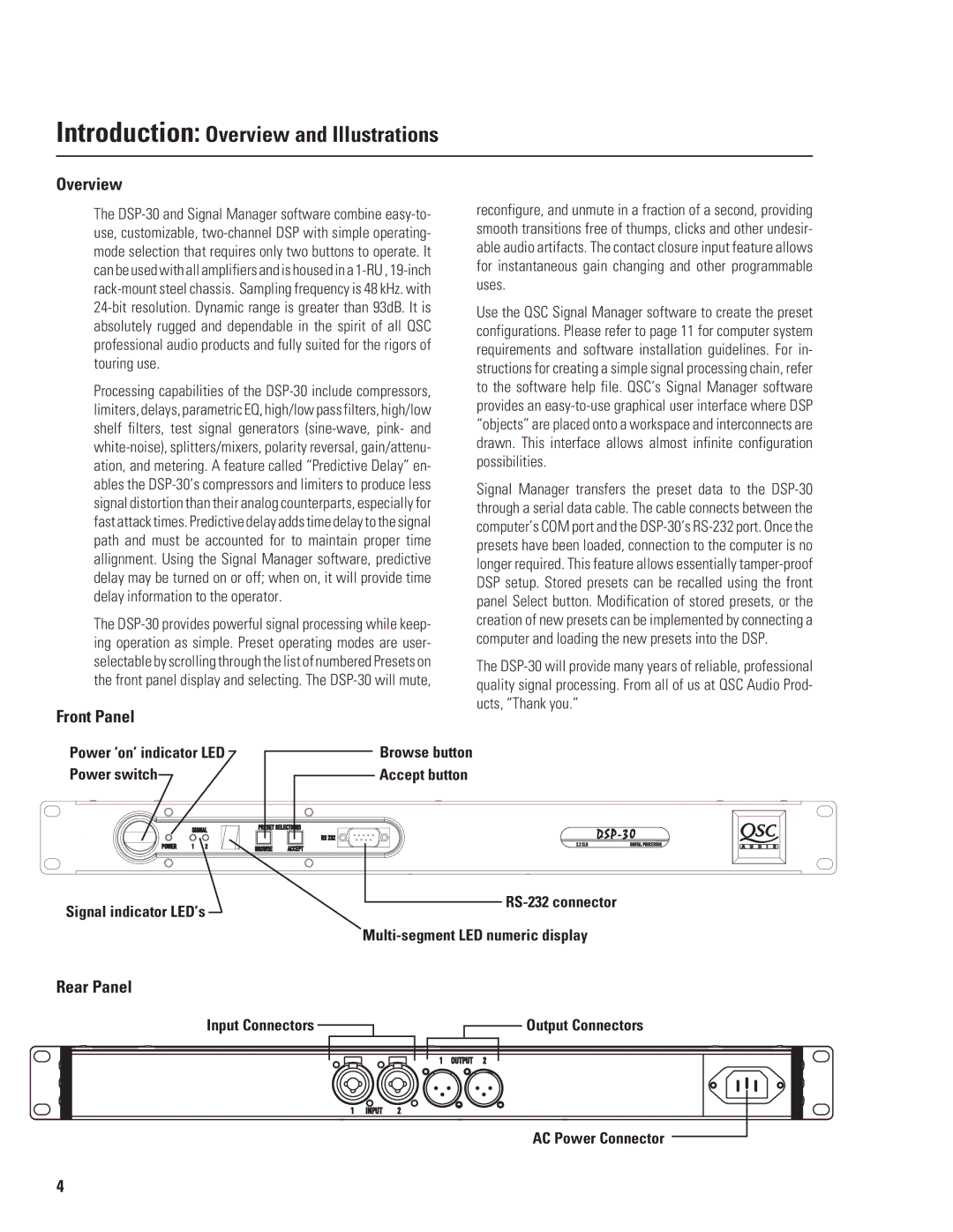 QSC Audio DSP-30, HPR152F, HPR153F, HPR151W, HPR181W manual Introduction Overview and Illustrations, Front Panel, Rear Panel 