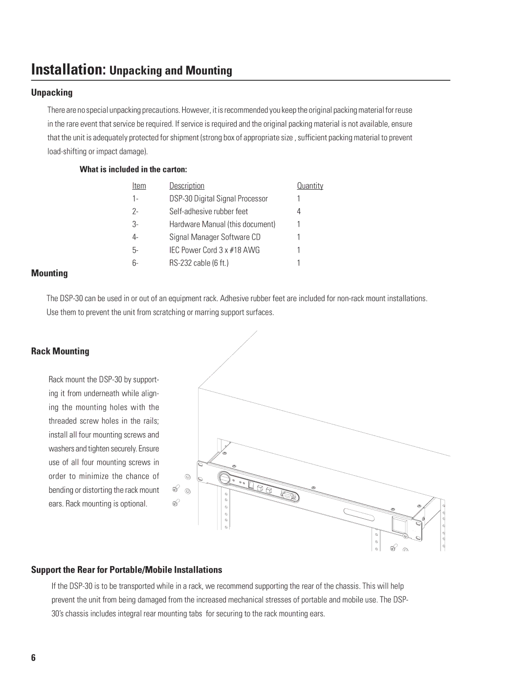 QSC Audio DSP-30 Installation Unpacking and Mounting, Rack Mounting, Support the Rear for Portable/Mobile Installations 