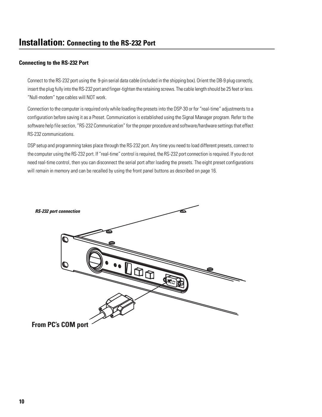 QSC Audio DSP-30 manual Installation Connecting to the RS-232 Port 