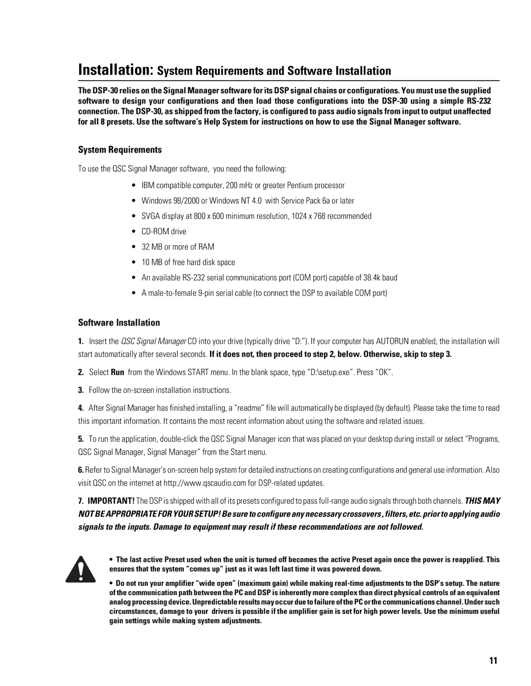 QSC Audio DSP-30 manual Installation System Requirements and Software Installation 