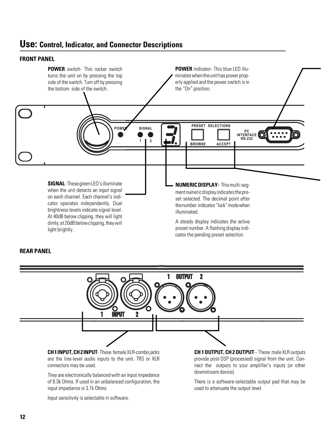 QSC Audio DSP-30 manual Use Control, Indicator, and Connector Descriptions, Front Panel, Rear Panel 