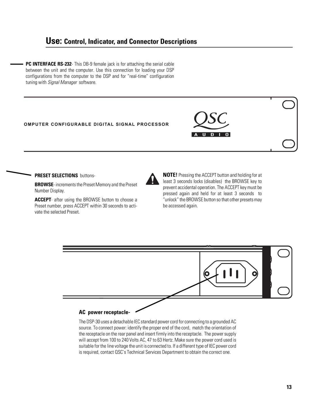 QSC Audio DSP-30 manual AC power receptacle, Preset Selections buttons 