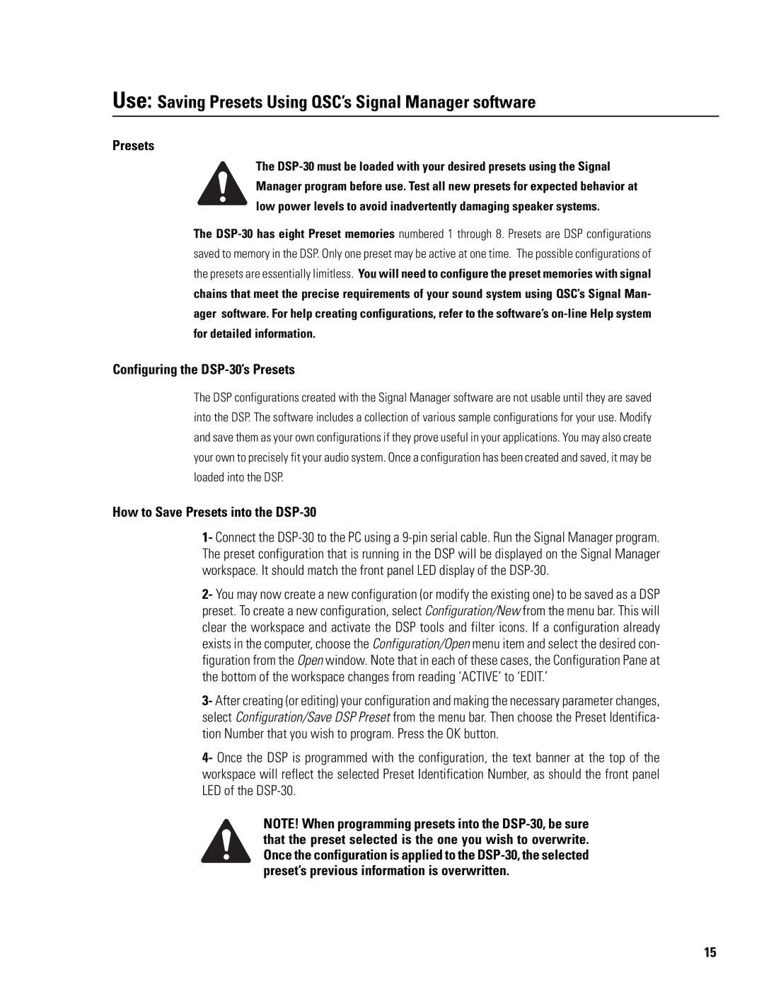 QSC Audio manual Use Saving Presets Using QSC’s Signal Manager software, Configuring the DSP-30’s Presets 