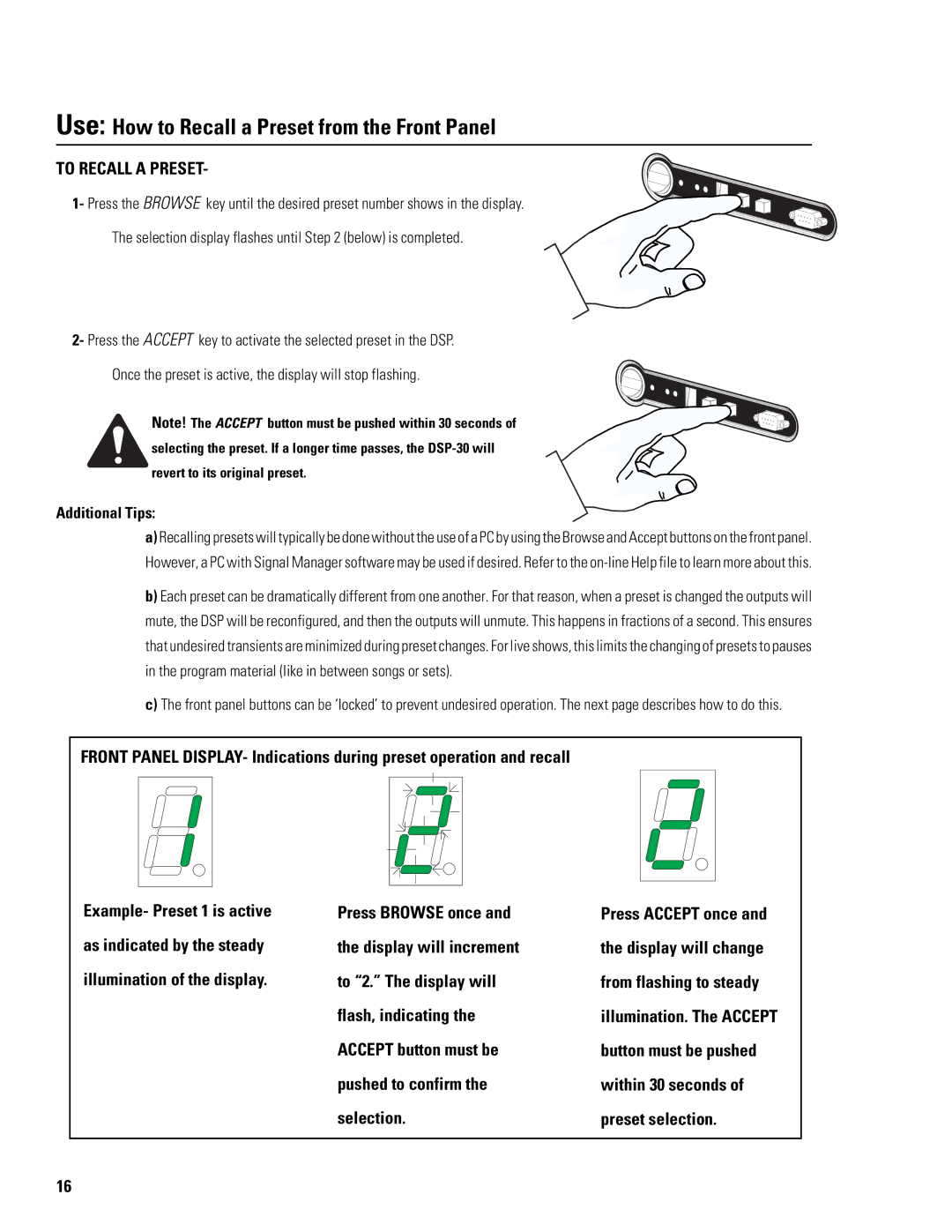 QSC Audio DSP-30 manual Use How to Recall a Preset from the Front Panel, To Recall a Preset, Additional Tips 