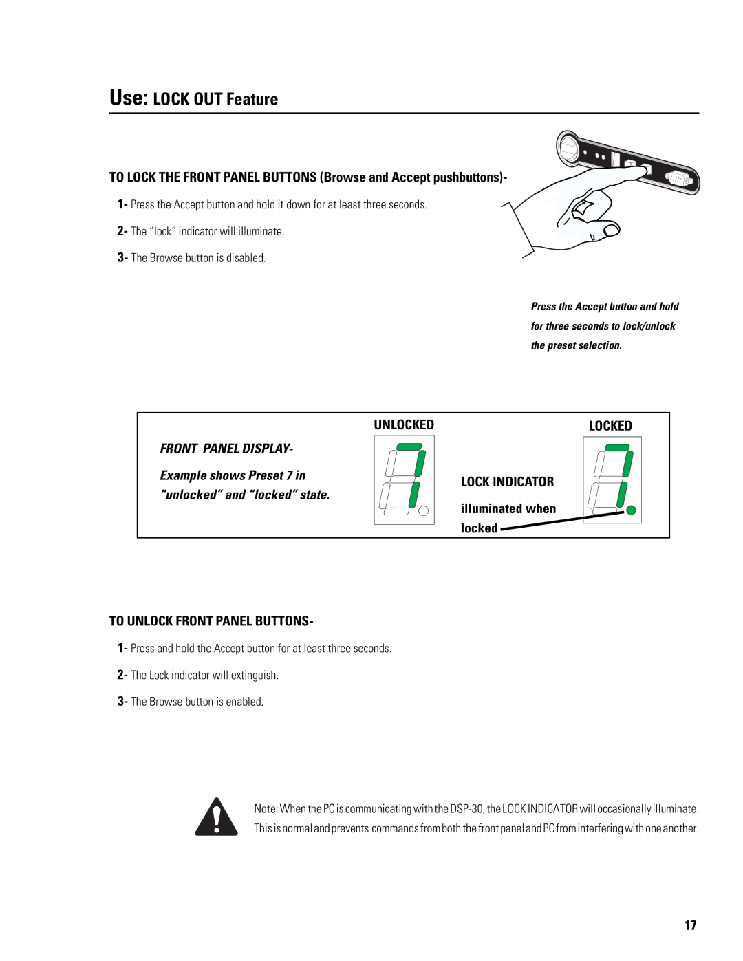 QSC Audio DSP-30 manual Use Lock OUT Feature, Unlocked, Lock Indicator, To Unlock Front Panel Buttons 