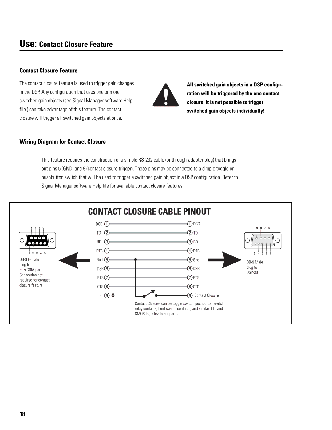 QSC Audio DSP-30 manual Use Contact Closure Feature, Wiring Diagram for Contact Closure 