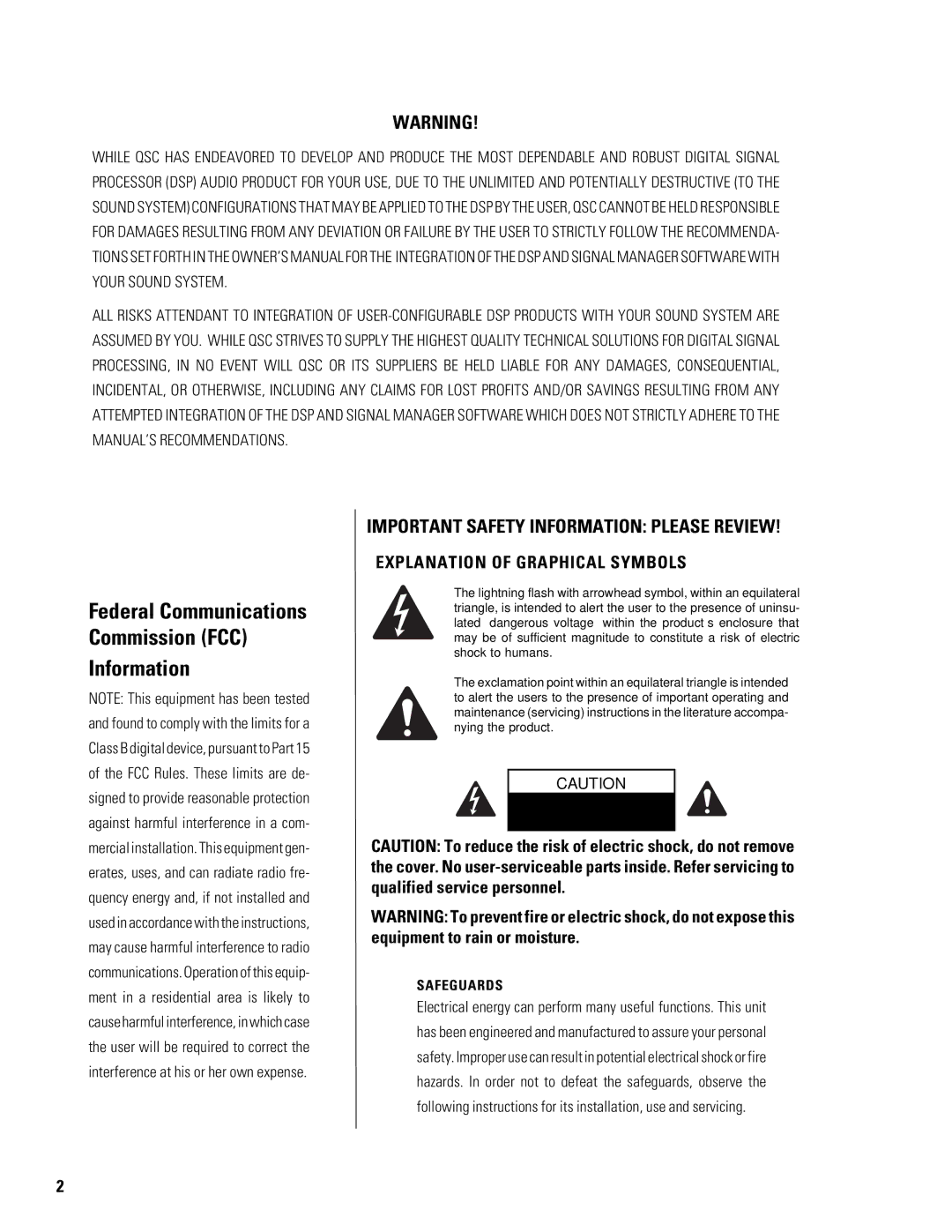 QSC Audio DSP-30 manual Federal Communications Commission FCC Information, Explanation of Graphical Symbols 