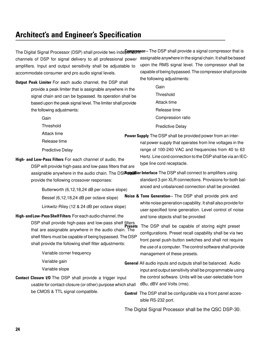 QSC Audio DSP-30 manual Architect’s and Engineer’s Specification 