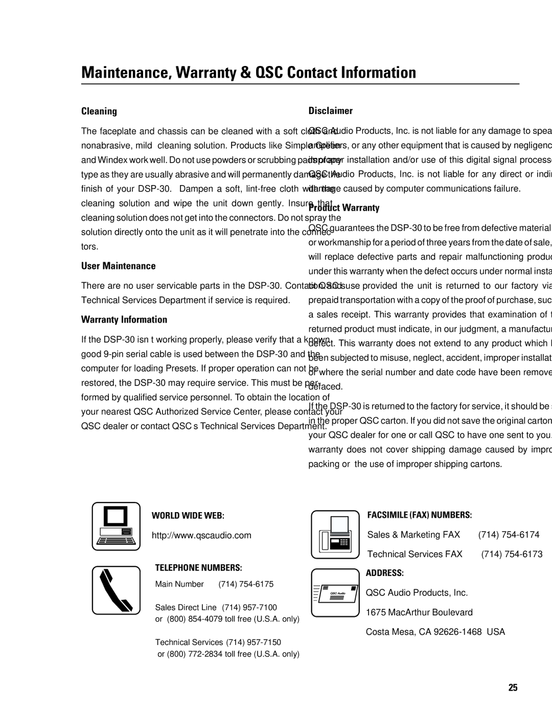 QSC Audio DSP-30 manual Cleaning, User Maintenance, Warranty Information, Disclaimer, Product Warranty 