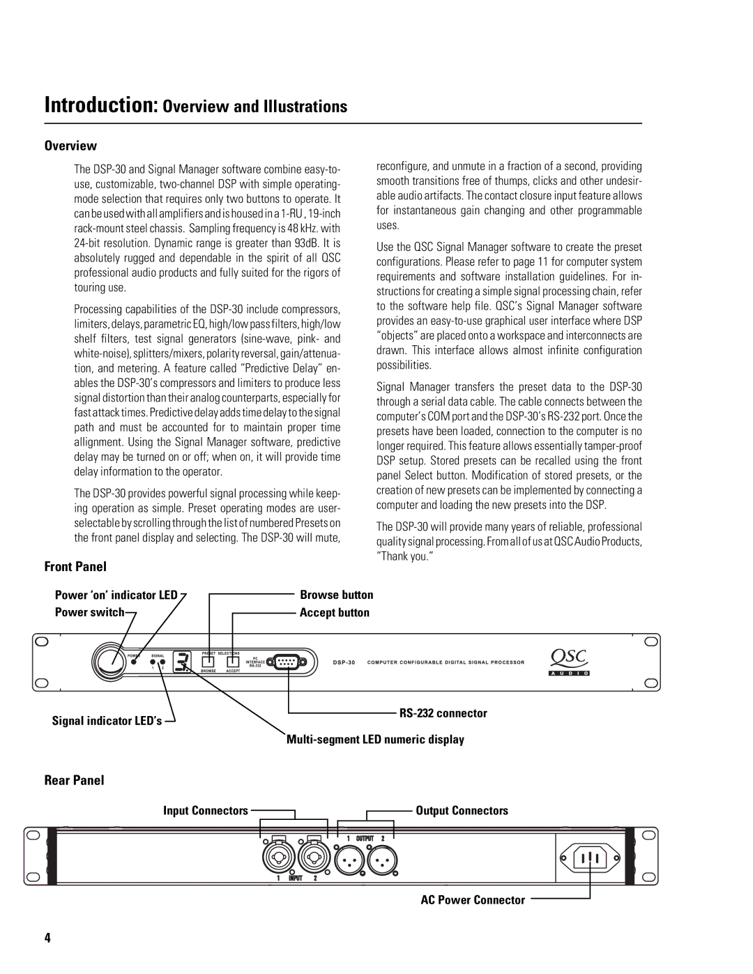 QSC Audio DSP-30 manual Introduction Overview and Illustrations, Front Panel, Rear Panel 