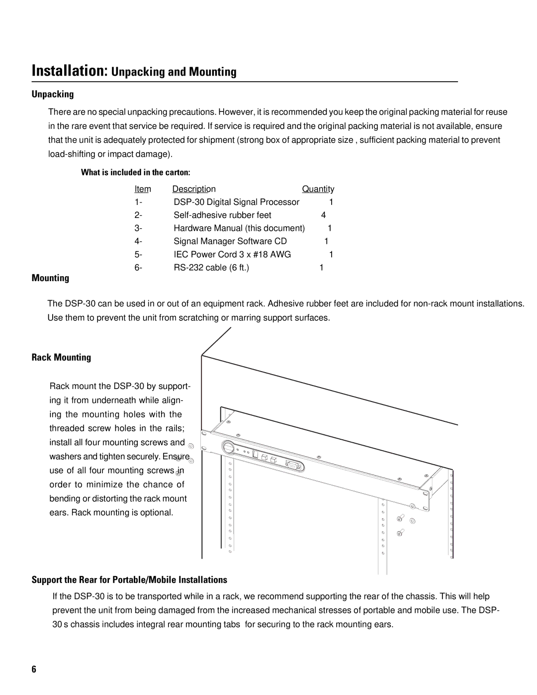 QSC Audio DSP-30 Installation Unpacking and Mounting, Rack Mounting, Support the Rear for Portable/Mobile Installations 