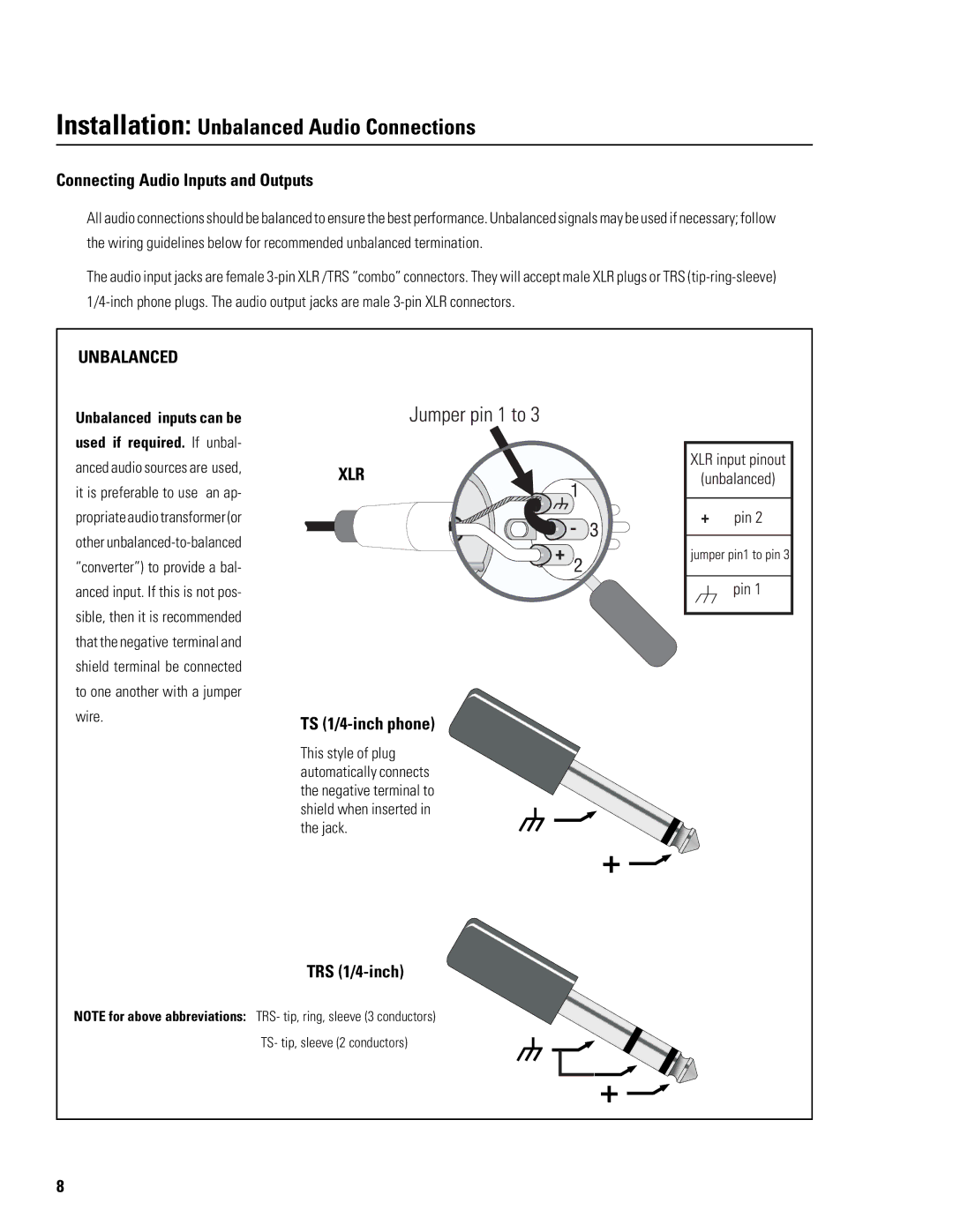 QSC Audio DSP-30 Installation Unbalanced Audio Connections, TS 1/4-inch phone, TRS 1/4-inch, Unbalanced inputs can be 
