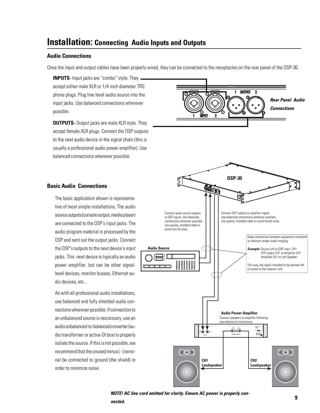 QSC Audio DSP-30 manual Installation Connecting Audio Inputs and Outputs, Basic Audio Connections 