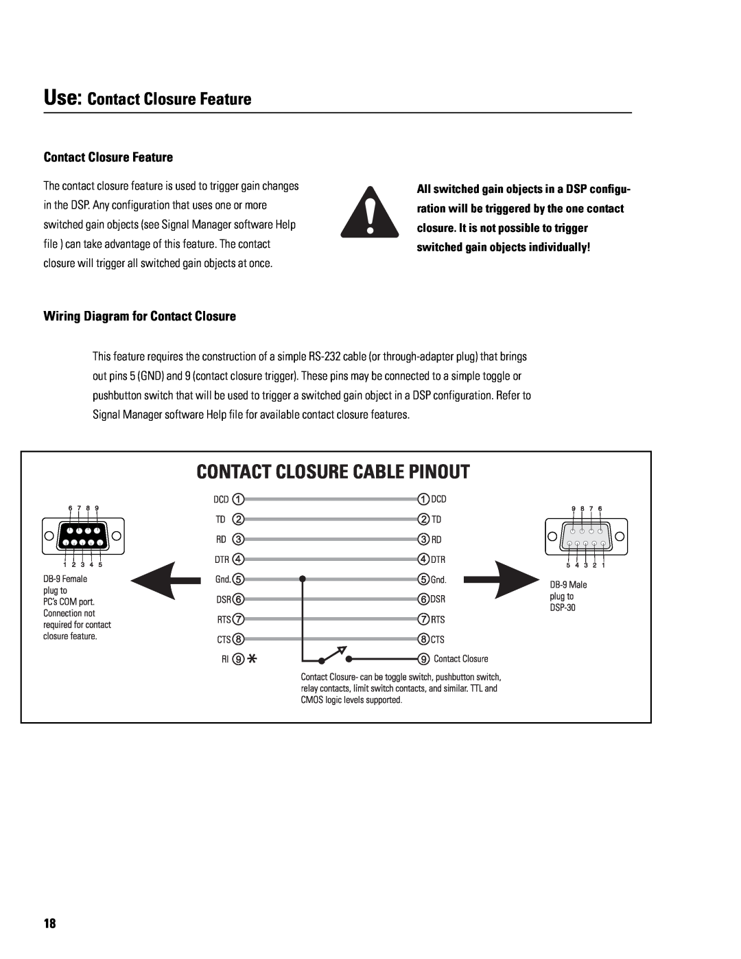 QSC Audio DSP-30 manual Use Contact Closure Feature, Wiring Diagram for Contact Closure 