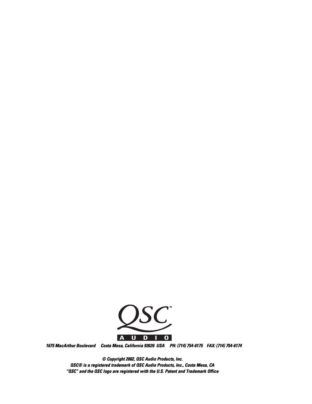 QSC Audio DSP-30 manual Copyright 2002, QSC Audio Products, Inc 