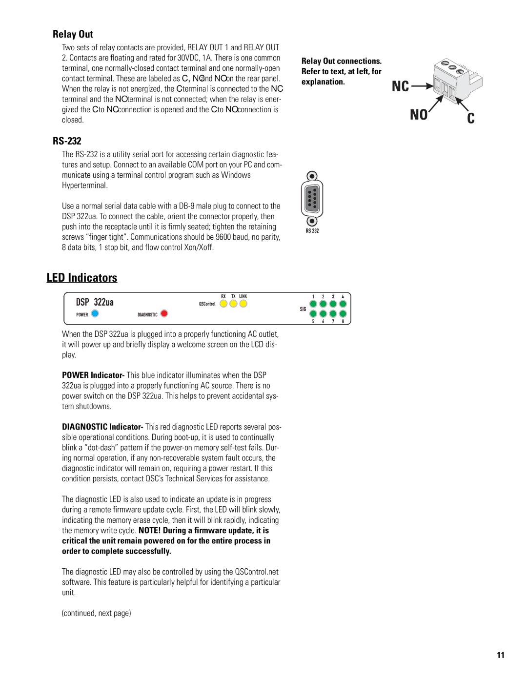 QSC Audio DSP 322UA manual LED Indicators, Relay Out, RS-232 