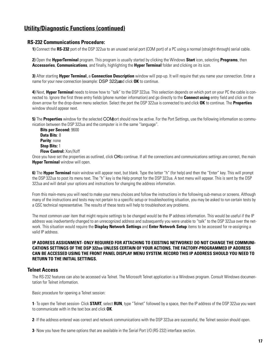 QSC Audio DSP 322UA manual RS-232 Communications Procedure, Telnet Access 