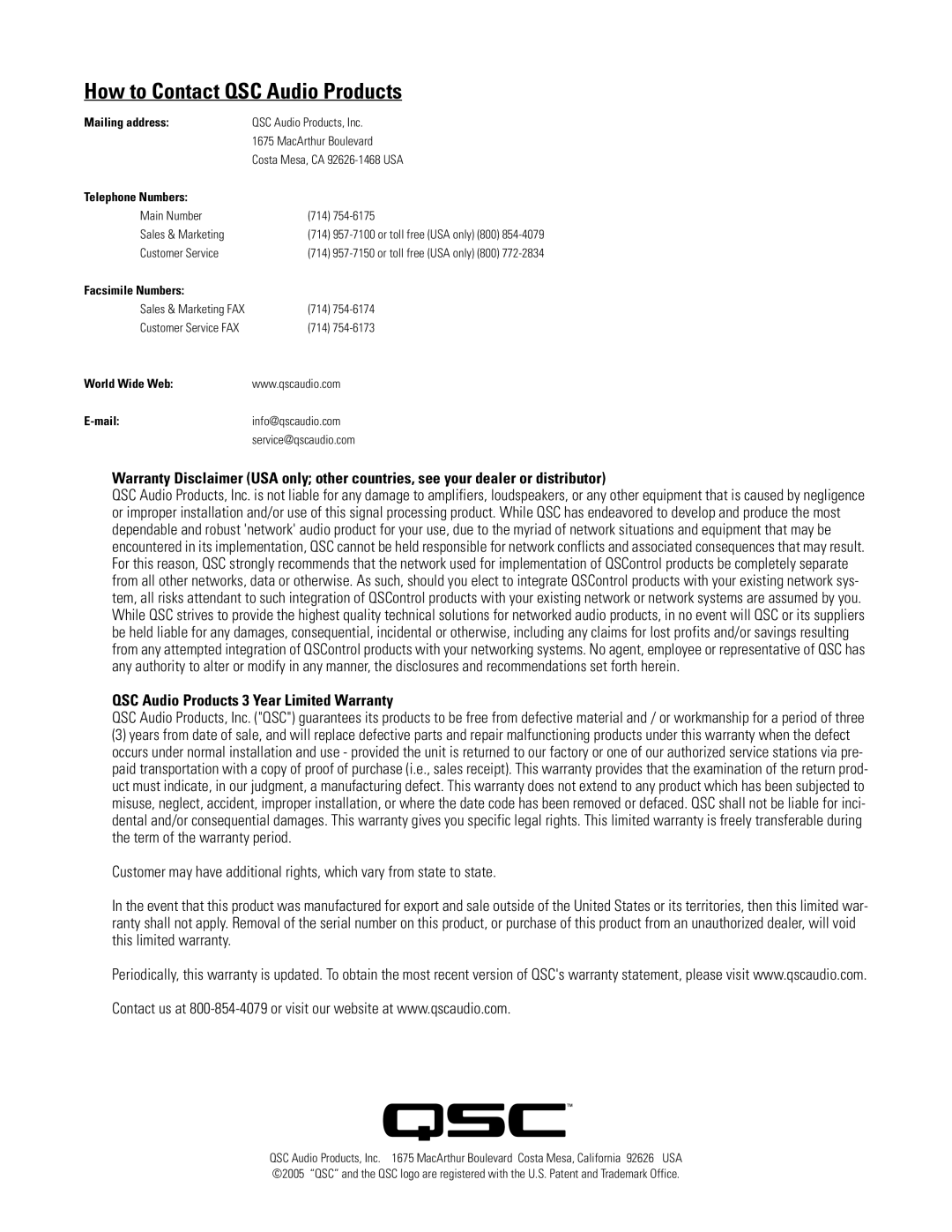 QSC Audio DSP 322UA manual How to Contact QSC Audio Products, QSC Audio Products 3 Year Limited Warranty 