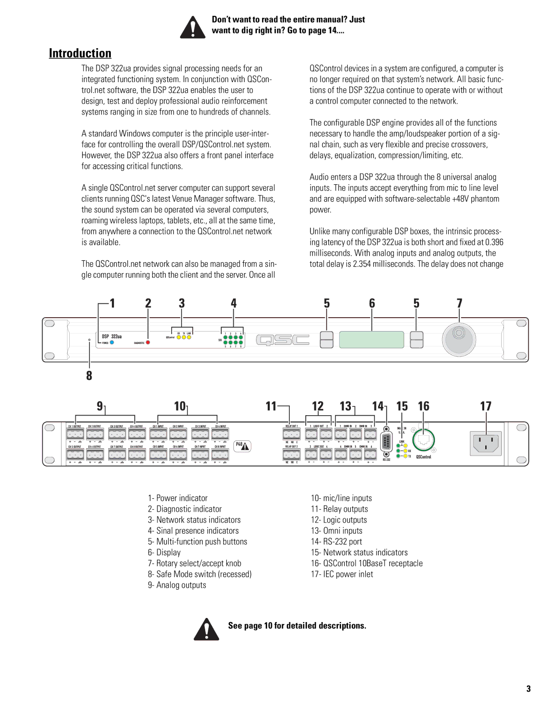 QSC Audio DSP 322UA manual Introduction, See page 10 for detailed descriptions 