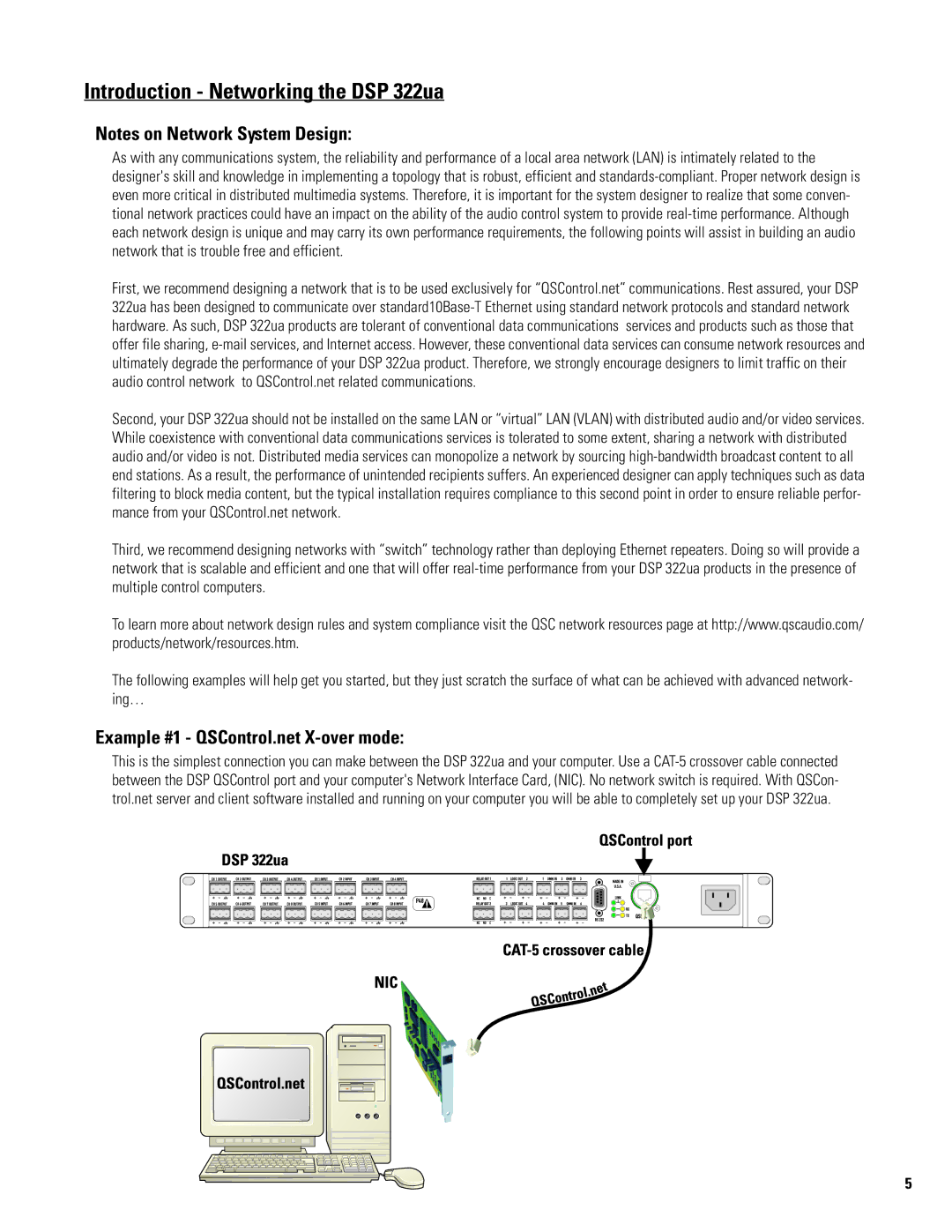 QSC Audio DSP 322UA manual Introduction Networking the DSP 322ua, Example #1 QSControl.net X-over mode 