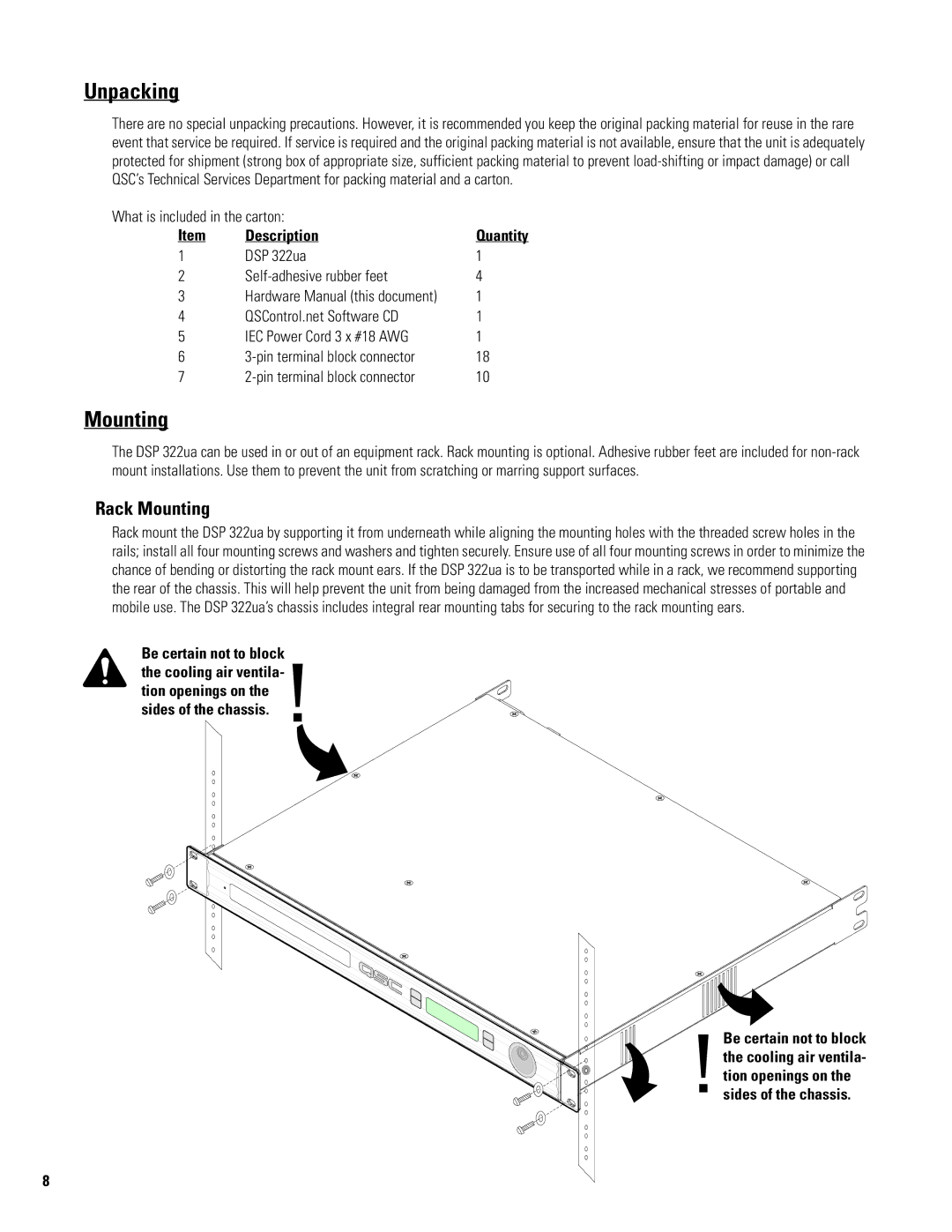 QSC Audio DSP 322UA manual Unpacking, Rack Mounting, Description 