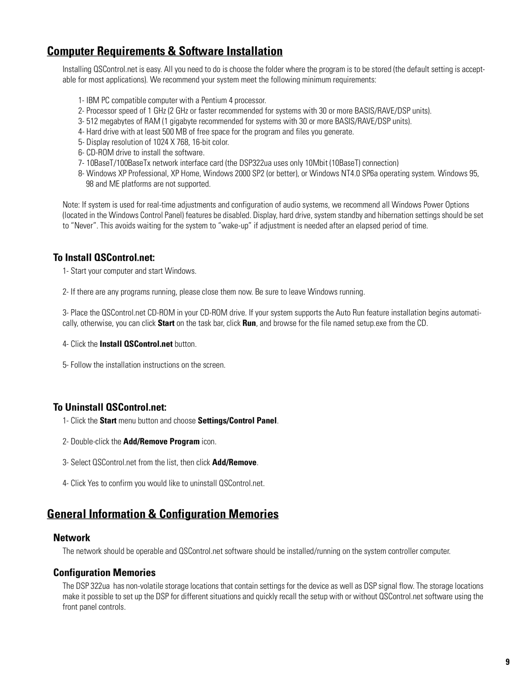 QSC Audio DSP 322UA manual Computer Requirements & Software Installation, General Information & Configuration Memories 