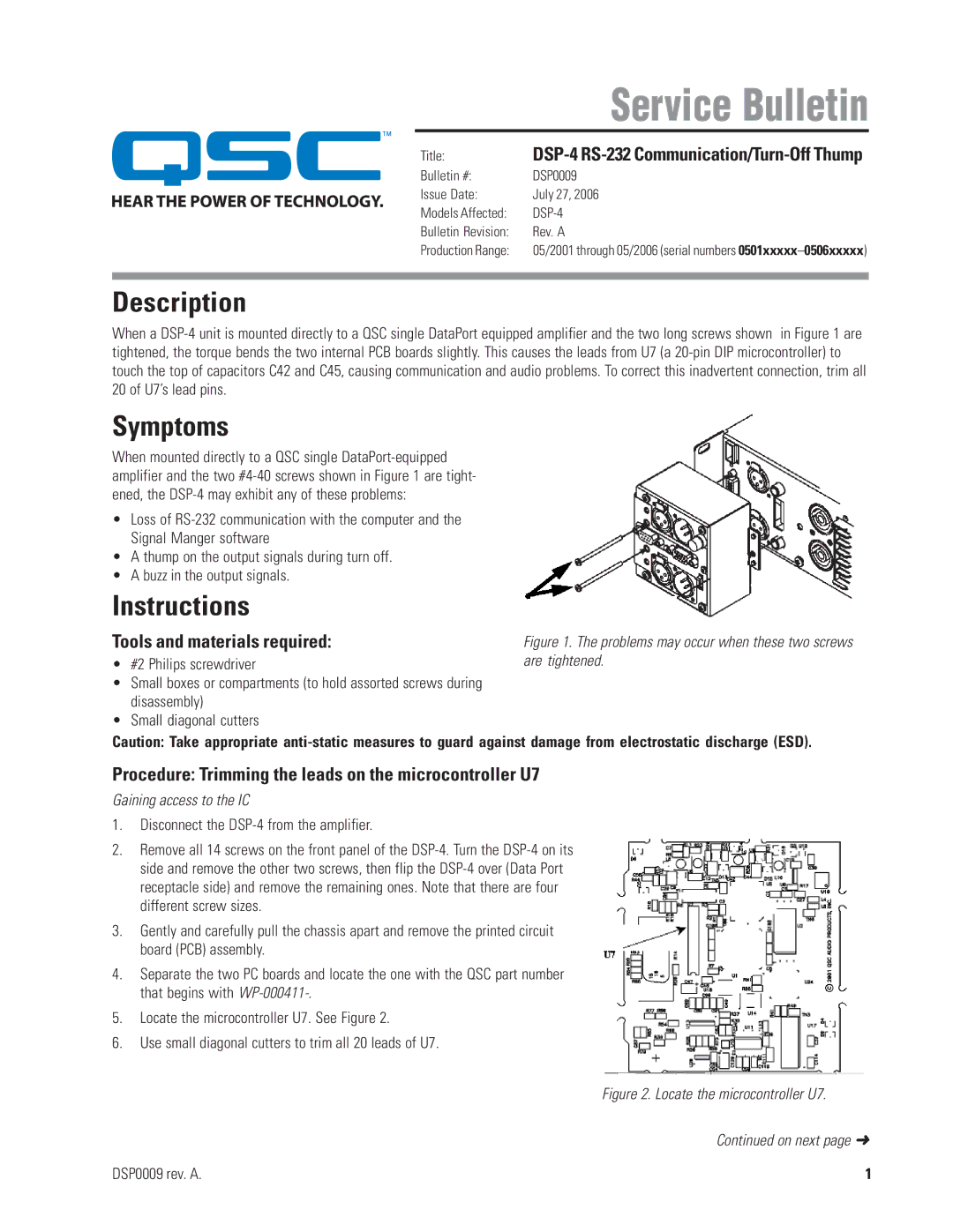 QSC Audio DSP-4 RS-232 manual Description, Symptoms, Instructions, Tools and materials required 