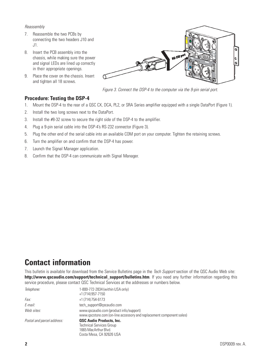 QSC Audio DSP-4 RS-232 manual Contact information, Procedure Testing the DSP-4, Reassembly 