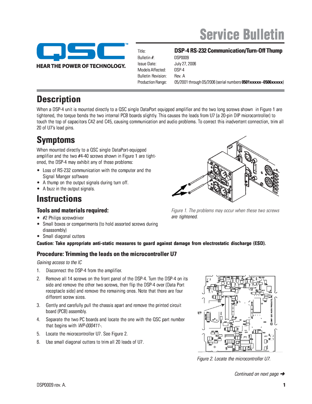 QSC Audio DSP-4 RS-232 manual Description, Symptoms, Instructions, Tools and materials required, Gaining access to the IC 