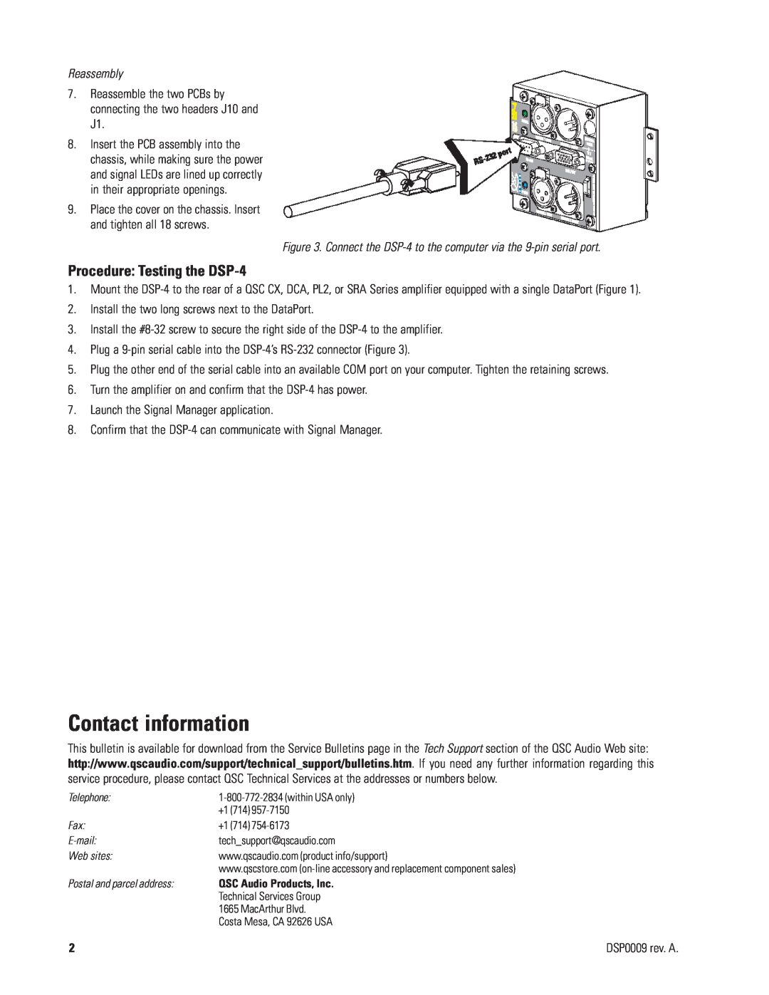 QSC Audio DSP-4 RS-232 manual Contact information, Procedure Testing the DSP-4, Reassembly 