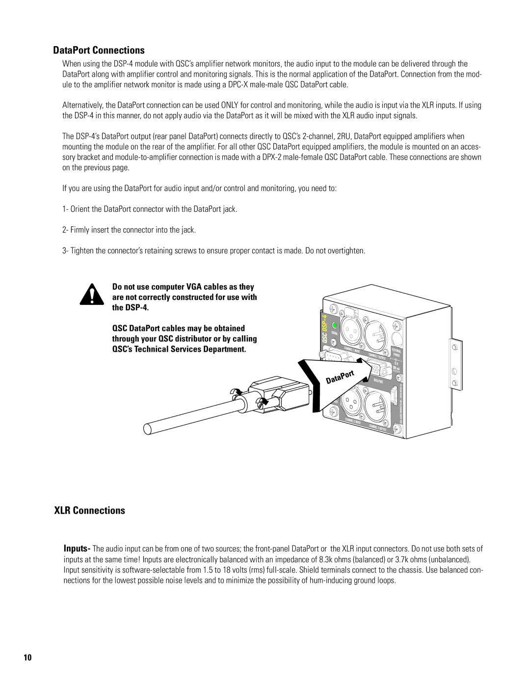 QSC Audio DSP-4 manual DataPort Connections, XLR Connections 